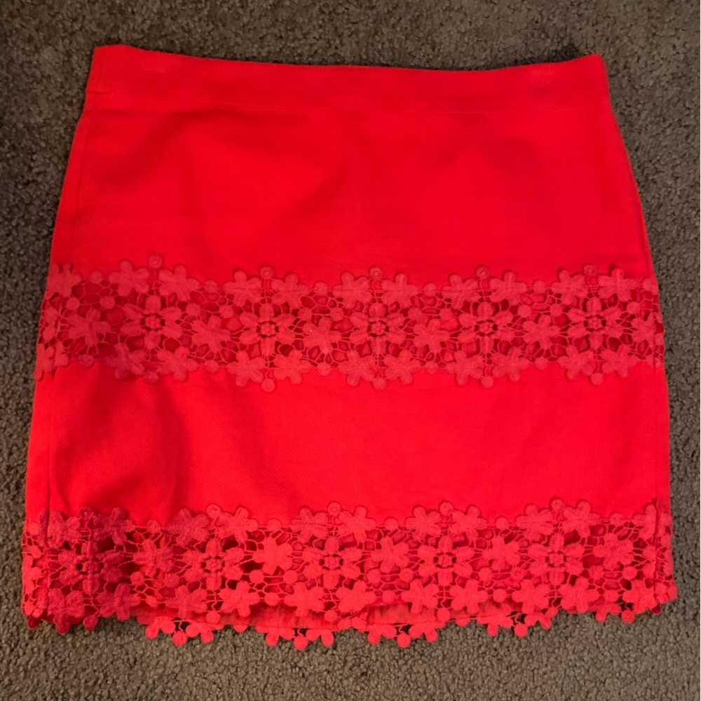 J Crew red mini skirt. Cotton fabric feels like a soft denim.